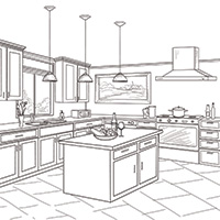 drawing of kitchen design featuring work island and oven hood