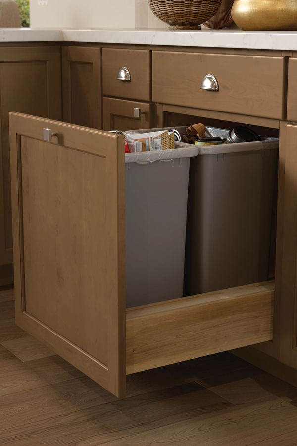 base wastebasket cabinet opened in natural wood with two full trash cans inside